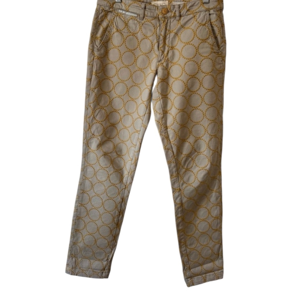 ANTHROPOLOGIE Chino Embroidered Circles Relaxed Fit Pants Tan/Blue/Gold Size 27 - Picture 8 of 12